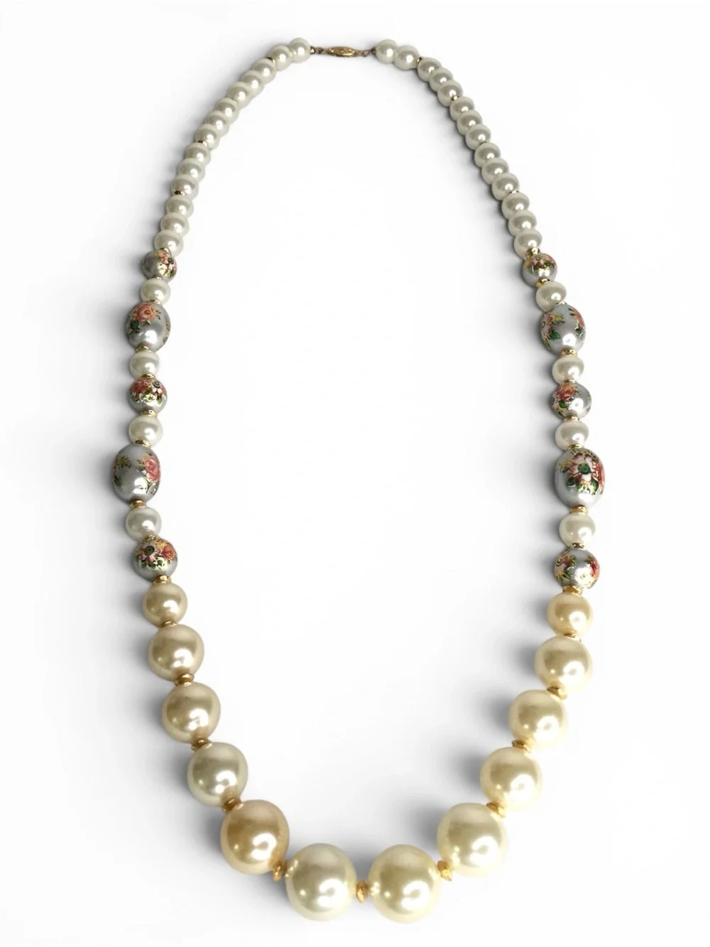 Vtg Graduated Faux‑Pearl Necklace w/ Gray Lacquered Tensha‑Style Floral Beads - Picture 4 of 15